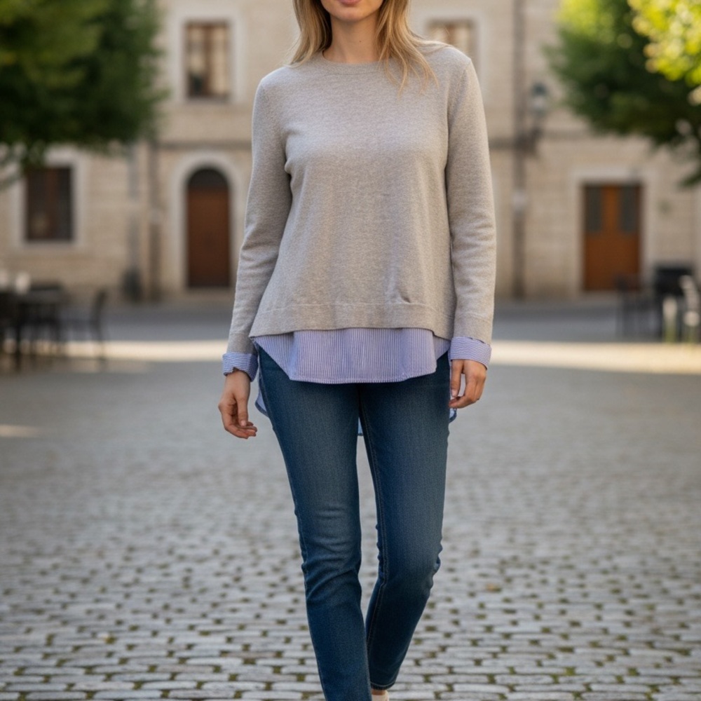 J. Crew Gray Knit Top with Blue Accent